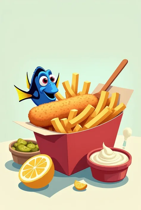 A box of fish & chips with tartar sauce on the side and slice of lemon, pickle cucumber on the side 
With  cute cartoon dory fish 