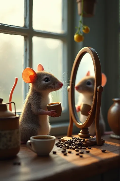 A rat being awake,baking a cup of coffee, looking through a mirror to a cloudy morning