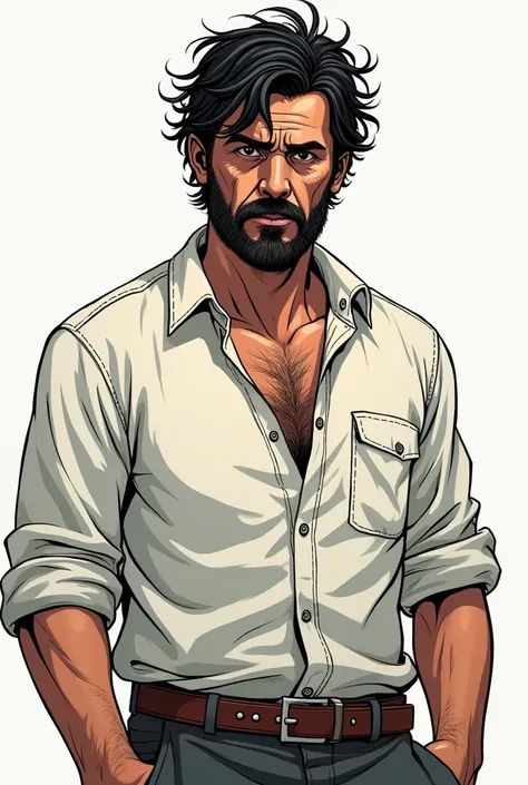 Comic: A man with messy black hair, a small beard, and a few wrinkles under his eyes. He has dark circles under his eyes.Wear a white shirt with 2-3 buttons unbuttoned and long black pants. 