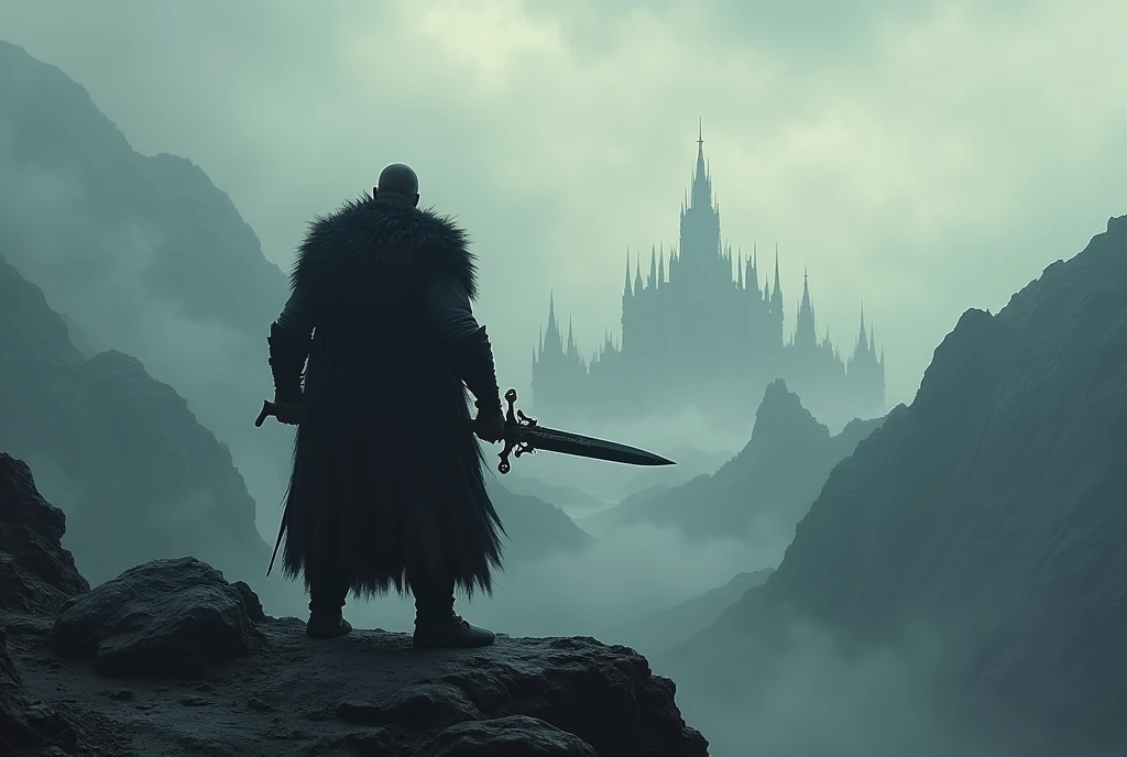 Create a image of man in a dark figure standing on a mountain with a dark sword in his hands and there is a imperial city in front of him, behind the shoulder scene, epic realistic,