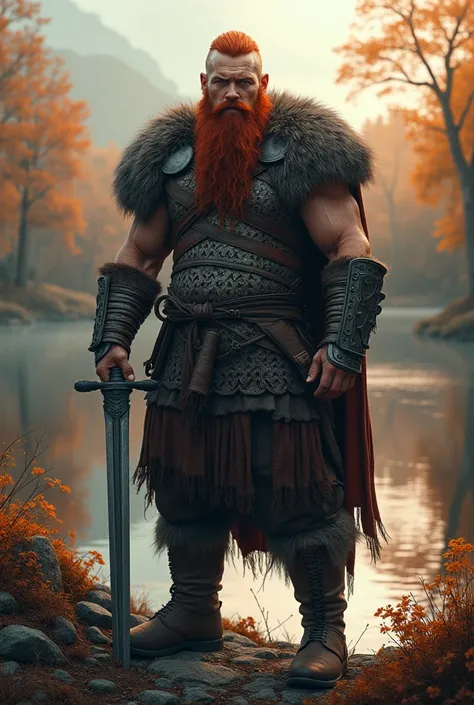 a strong man of nordic origin, red hair and beard, wearing a historical viking warrior attire, holding a long sword, by a lake in Denmark, on an autumn afternoon, (best quality,4k,8k,highres,masterpiece:1.2),ultra-detailed,(realistic,photorealistic,photo-r...