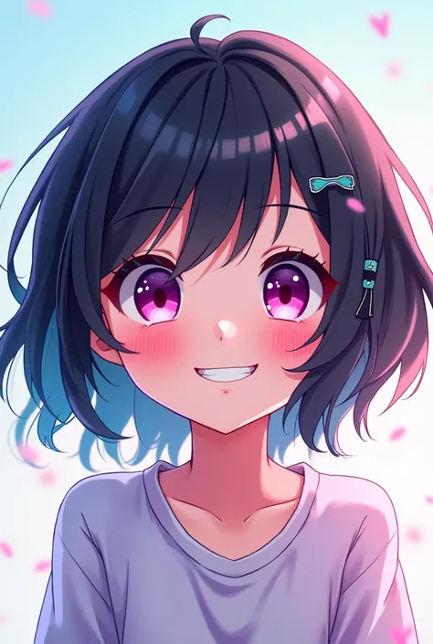 Twitch emote image of a very young anime girl with short black hair and inner blue hair, pink eyes, black eyebrows, smiling