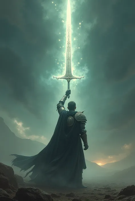 the last user of the legendary sword Excalibur, is holding the sword upright radiating a beam of mystical energy which is ready to be swung vertically