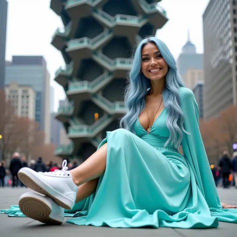 A beautiful biracial latina woman with long light blue hair, light blue eyes,large breasts, is sitting in front of The Vessel monument in New York City. She is wearing a long, flowing turquoise dress with a high slit,She is sitting on the ground with one l...