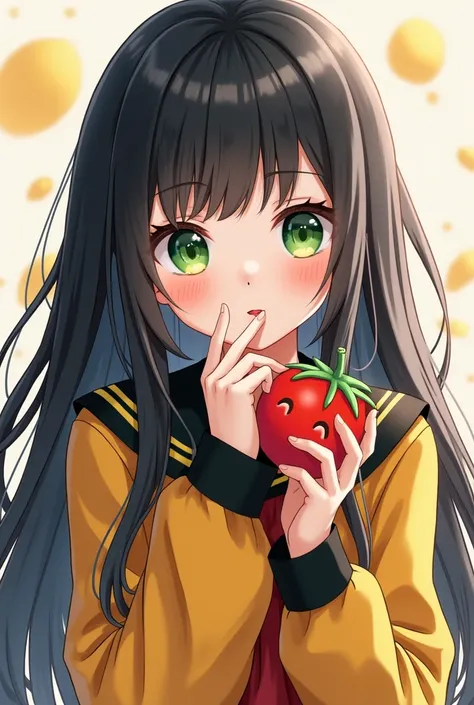 One girl, Long Hair, Black Hair, Green Eyes,Moe sleeves,The hand is at the mouth,anime,Yellow and black clothes,Holding a stuffed tomato