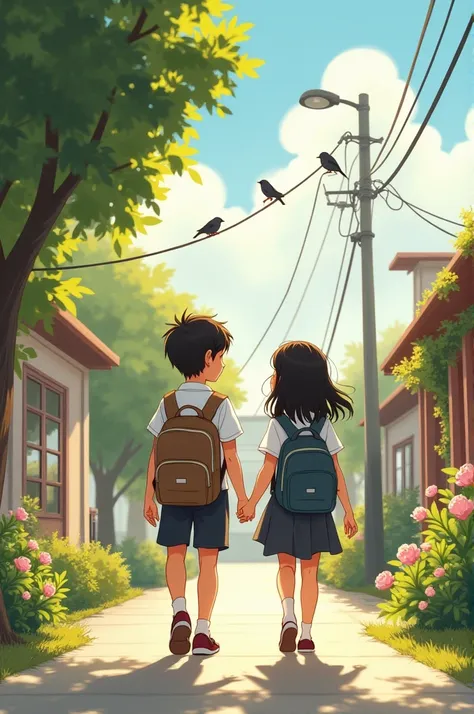 I am making a story can you create a illustration about a  and  walking together going to school?