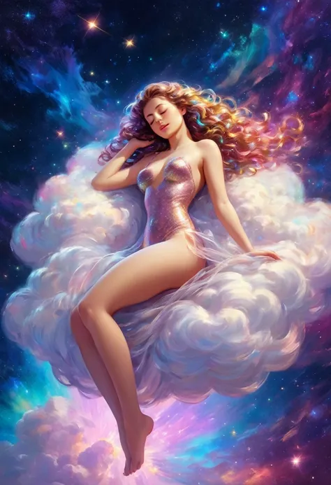 (masterpiece, best quality), nude woman, beautiful face, wavy hair,  sparkling colorful stardust,   sleeping on a fluffy cloud as she floats through outer space. Dynamic angle, dynamic lighting. Fullbody shot.