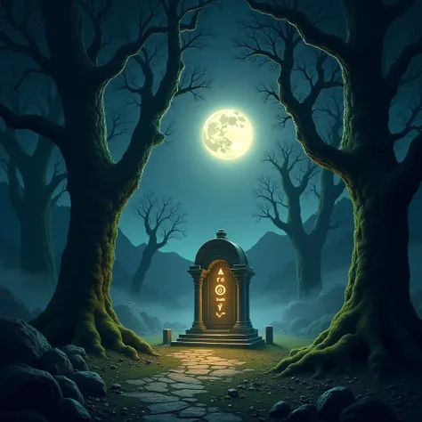 
**IDC Description:**

Create an image of a fantastic setting with a magical and mysterious atmosphere. The setting is a vast, ancient forest at night., illuminated by a bright full moon. The trees are huge and covered in moss, with twisted trunks and bran...