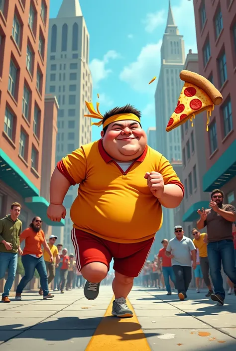 "A caricature of a chubby man in a brightly colored sports outfit running through a bustling city street. On his head is a headband with a stick attached, dangling a slice of pizza just in front of him, tempting him to keep running as if hes desperately tr...