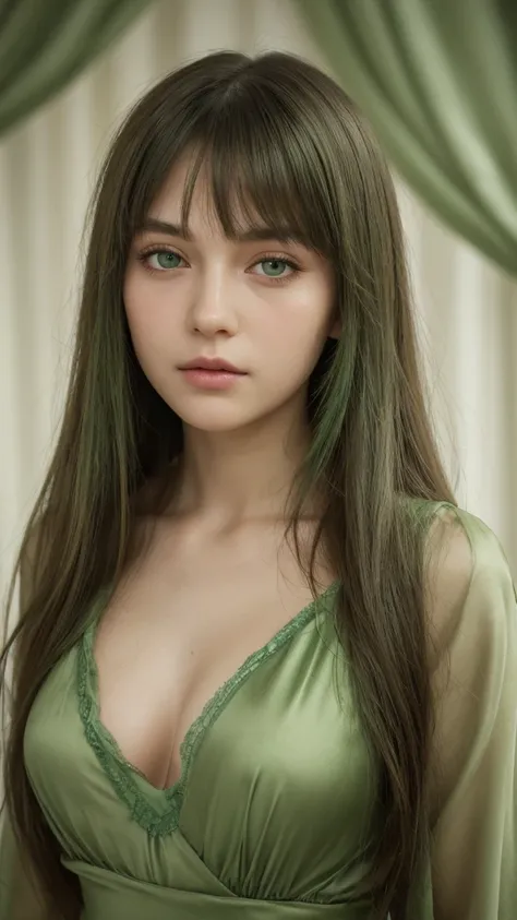 a girl. European. Extremely detailed face. Oval face. Delicate facial features. Half-closed eyes. Long straight hair. Messy hair. Bangs. Green hair. Green eyes. green silk nightgown. slutty. expressionless face. cute