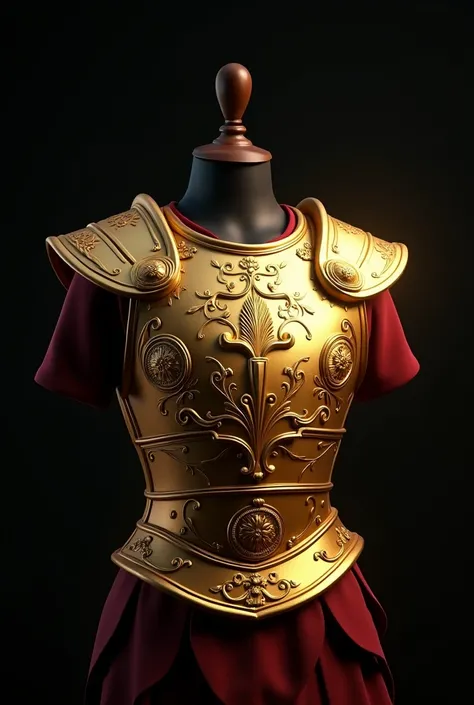 a 3d metal breastplate with gold Roman soldier in Disney cartoon style, on a black background