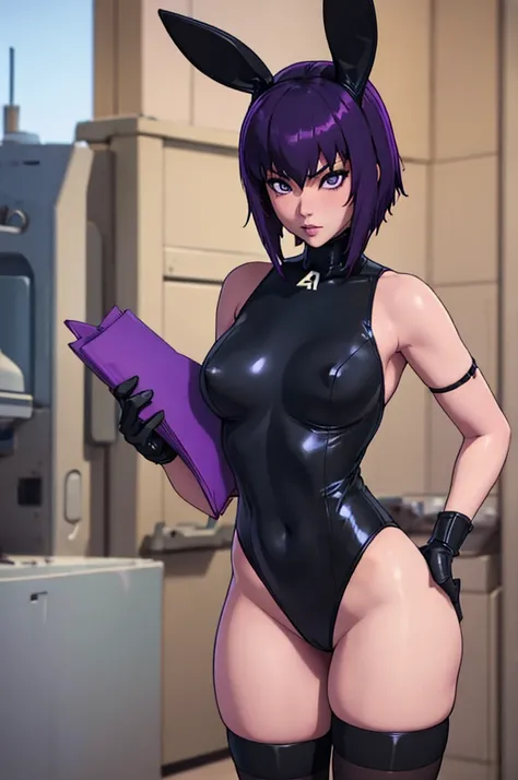 Motoko Kusanagi, cute and sexy female with purple hair, erotic, porn, black bunny suit, black playboy bunny suit, black stockings, black gloves, black bunny ears