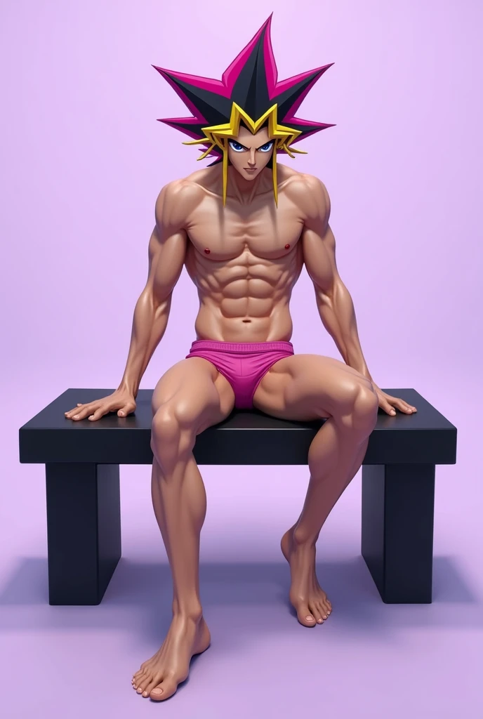 Yugi. Yugioh Yugi naked athletic body shirtless, barefoot without shoes, in pink underwear, sitting on black bench,with a lilac background 