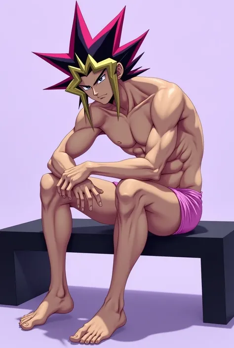 Yugi. Yugioh Yugi naked athletic body shirtless, barefoot without shoes, in pink underwear, sitting on black bench,with a lilac background 