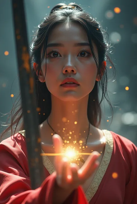 (looking up at viewer, close up), digital art ilustration, depth of field, cinematic light, chiarosaurio, mist, particles, sparks,reflections, a female princess (princess Mulan, Dilraba Dilmurat) wearing princess dress holding sword, holy light, cinematic,