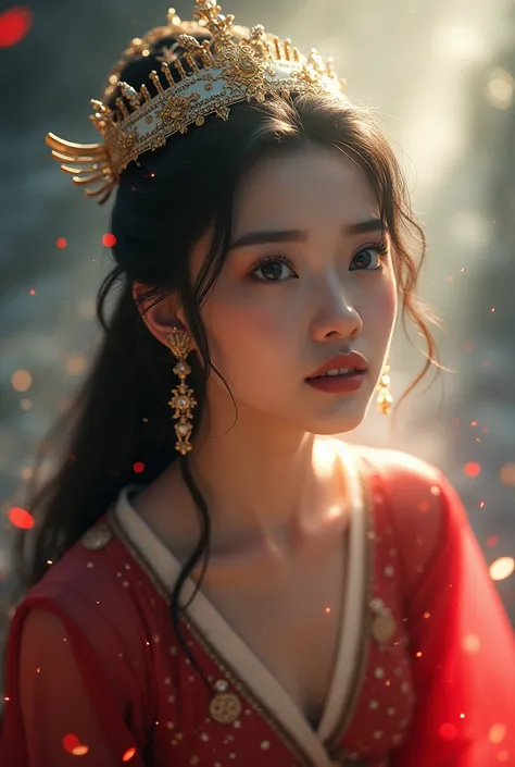 (looking up at viewer, close up), digital art ilustration, depth of field, cinematic light, chiarosaurio, mist, particles, sparks,reflections, a female princess (princess Mulan, Dilraba Dilmurat) wearing princess dress holding sword, holy light, cinematic,