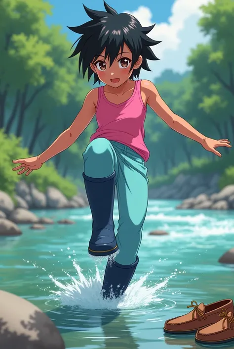 Anime athletic girl, brown eyes, spiked short black hair, brown skin, pink top, sky blue pants, dark blue wellies, standing on one leg kneedeep in river, white socks and brown loafers lying on rock
