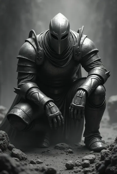 Warrior, crouched sideways, with silver armor, medieval, dark, dark souls, stronger, black and white