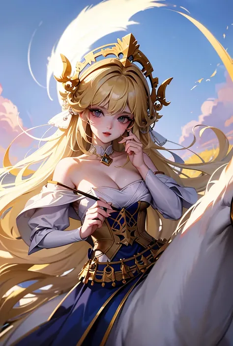 A beautiful knight appeared on a white horse across the vast grassland.、She removes her helmet and brushes her long blonde hair aside.、What a sexy woman、A voluptuous bust that is bursting with energy、Im fascinated by it