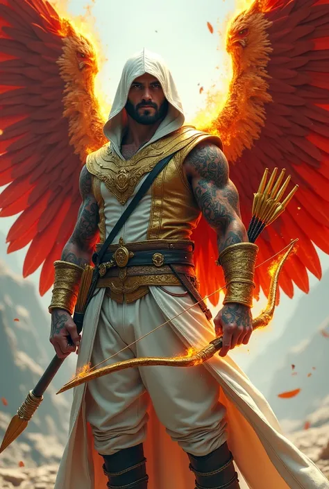 A white well built tattooed man, wearing a plain white and golden leather  hooded jacket and archers cloak and white pants with black boots, with a golden flaming bow and arrow at his right hand. A white quiver of flaming arrows hands from his left arm, wi...