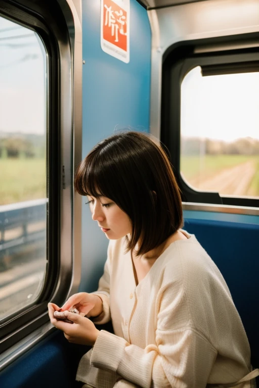 Realistic, photoRealistic, detailed, beautiful, RAW Photos, Film Grain, (Natural light :1.2), View your viewers, Cute Japanese Woman, 25years old, He is sitting on a train seat and looking at his iPhone with a bored look, Bust size slightly larger than mid...