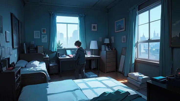 boy in dark room, night, headphones on bed, big window in front of room, landscape concept art, studio art, background painting animation