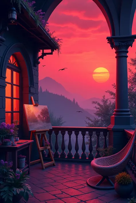 Gothic style Balcony. Sky is red. Art supplies are on the balcony such as canvas, paint, brushes and hammock. Purple accents. Without People 