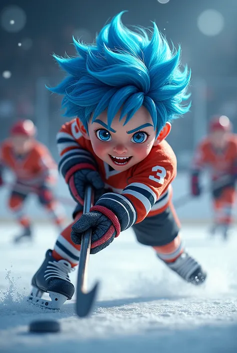 Create a boy with curry blue hair playing hockey