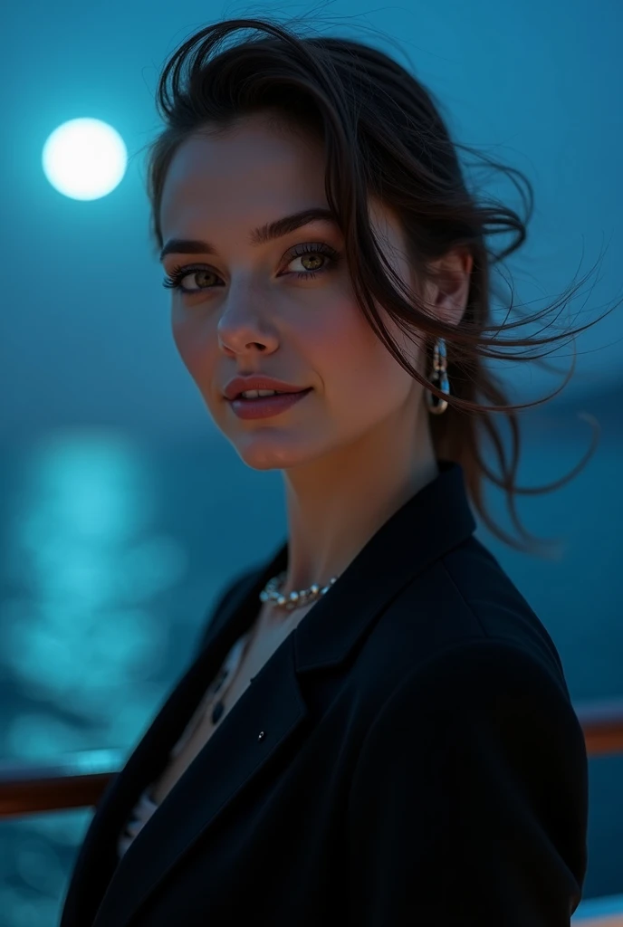 A captivating close-up photo of a sophisticated, well-dressed woman in a tailored suit, elegantly smoking an invisiblecigarette. She exudes confidence and grace, with her eyes subtly closed and a hint of a knowing smile on her lips. The deck of the luxurio...