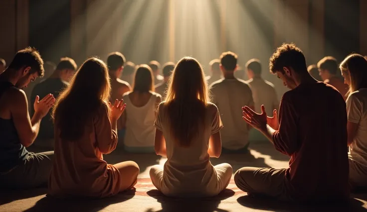 A crowd praying together in a circle, with soft lights shining around them, symbolizing unity and faith.