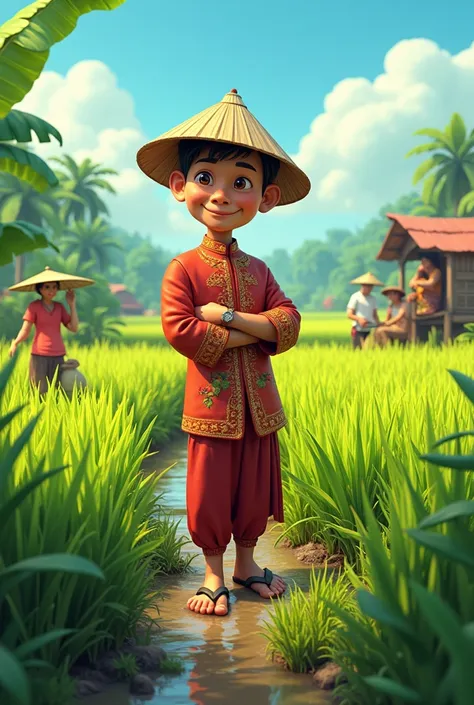 4D cartoon of Indonesian man in rice field with people
