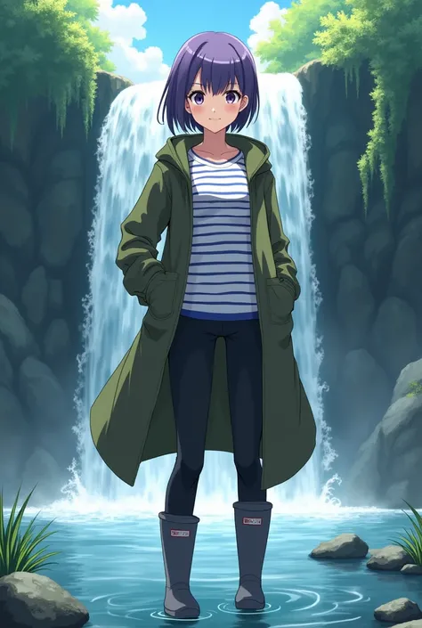 Anime kyoka jiro, purple hair, bobcut, white and blue striped shirt, long army green coat, black pants, dark grey rubber boots, standing in river in front of small waterfall