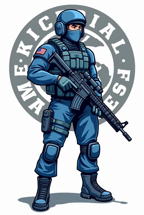 A cartoon marine soldier lwearing a helmet and face mask, holding a rifle in his right hand with his body turned slightly to the left, the logo feature  the words "ESPECIAL FORCES MARINES" in bold with typographic .The word consist colour grey white black ...