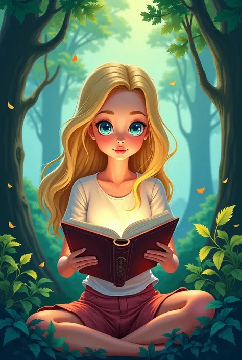 a portrait for youtube of a young blonde women with a zen forest background, she read a book and like that, she have blue green eyes. All in a very cartoon style