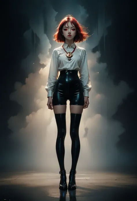 2d, masterpiece, best quality, anime, highly detailed face, highly detailed eyes, highly detailed background, perfect lighting, 1girl, solo, full body, standing, latex legwear, white shirt, red hair, amulet 