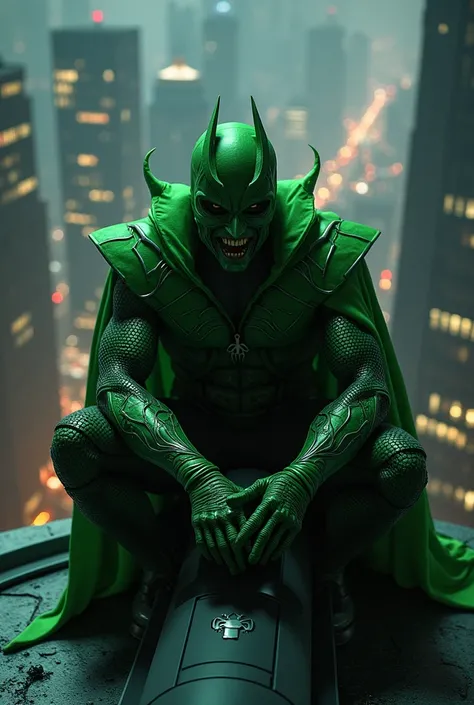 Green Goblin at a building rooftop night time