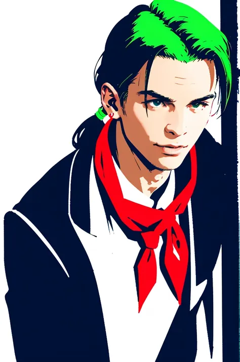 background red、alone、white neckerchief around the neck、man wearing headphones、black suit、green haired man、ponytail、