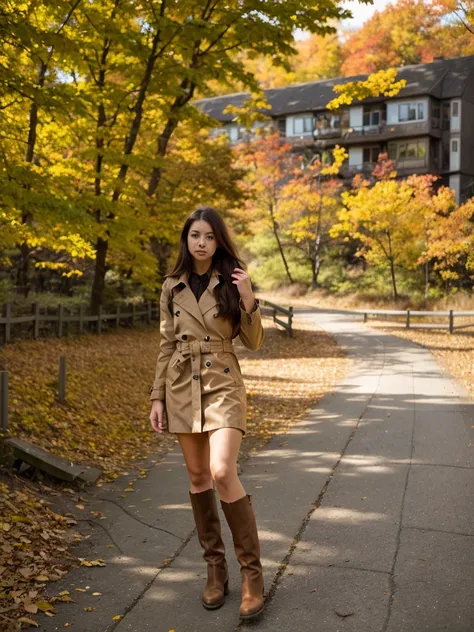 A young girl stands in a beige trench coat and high leather boots on the path,autumn forest, yellow leaves lying on the sidewalk