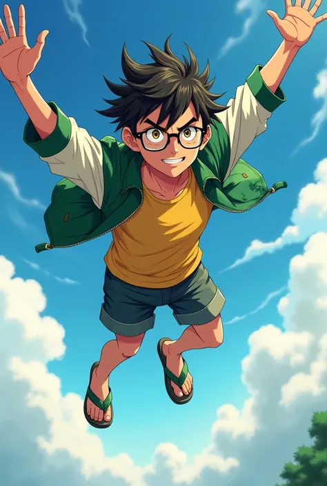 Anime. Young man with brown skin. Messy black hair tinged with brown and white. Sharp amber eyes tinged with gold. Thin eyebrows. Dark bags under eyes. Green and white jacket over a yellow tank top. Shorts. Flip flops. He wears glasses. He has a smug smile...