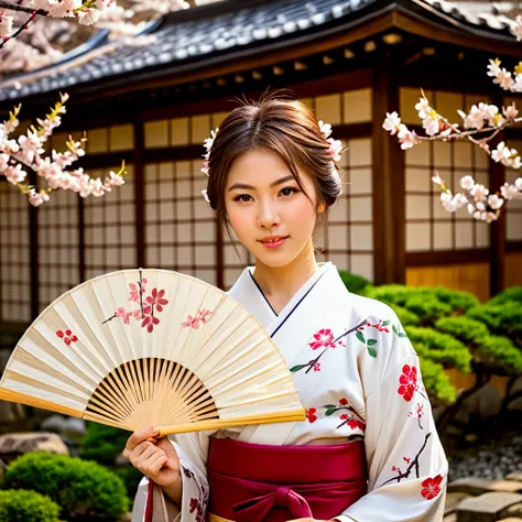 A photo of a stunningly delicate cute face young woman,20 years old ,fit body,in a traditional Japanese outfit holding a fan. Close mouth . Soft smile . She is standing in a garden with stone paths and various plants, including cherry blossoms. The backgro...