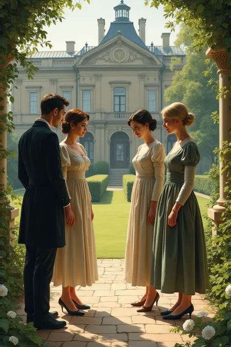 two servants dressed in an elegant but somewhat old-fashioned way, thin and small, bow in front of two young and slightly plump women, well dressed with medium-length skirts, in the garden in front of a hotel