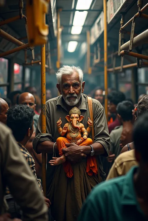 Interior of the packed bus. People are squeezed together, standing, sitting, holding on for dear life. The aisle is narrow, and theres barely any room to move. The old man is squeezed in the back, holding the Ganesha idol close.