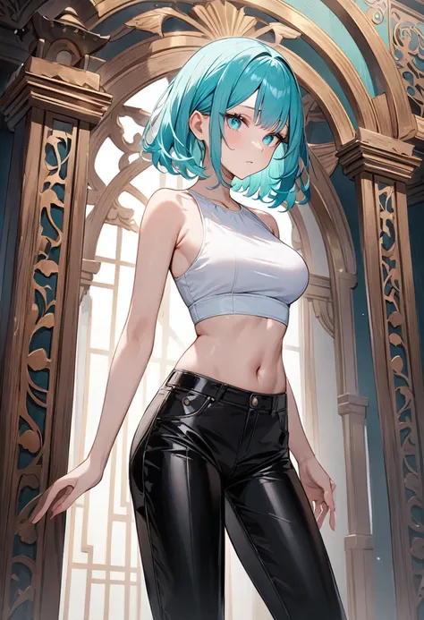 (masterpiece, top quality, very aesthetic, 4k、illustration), ()、intricate detail, 1woman,solo, 、(gradient eyes、tareme)、(short hair)、parted bangs,Fair skin,(cowboy shot)、beautiful women、()、(),(),(crop top、leather pants),expressionless、(gradient hair)、(color...