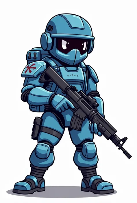 A cartoon marine soldier lwearing a helmet and face mask, holding a rifle in his right hand with his body turned slightly to the left, the logo feature  the words "ESPECIAL FORCES MARINES" in bold with typographic .The word consist colour grey white black ...