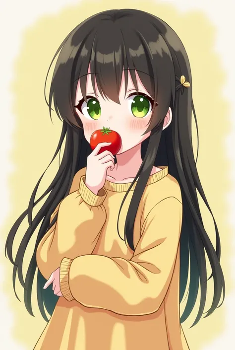 One girl, Long Hair, Black Hair, Green Eyes,Moe sleeves,The hand is at the mouth,anime,Yellow and black clothes,holding a tomato in hand,cute