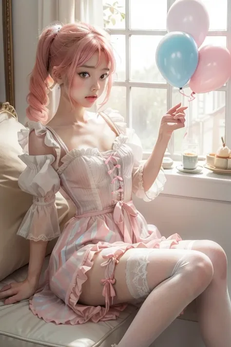 最高masterpiece、Beauty、Beautiful Western Faces、(Frilled frilled cuffs, Chiffon lace ribbon suspenders, (Pastel colored striped design dress), A cute girl of half French and half Japanese descent、whole body、Holding a cupcake in hand、White lace-up platform rib...