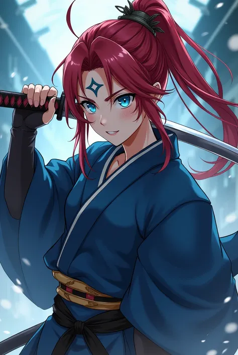 Anime a samurai with asul-colored eyes with a scythe on his right eye and red hair with five points and his hair is tied, the tips of his hair are pointed, with two fire katanas 