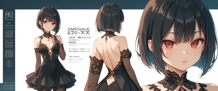 ((She has a perfect, slim figure and golden proportions.、A short bob cut with movement, Dark teal hair color,、Fine shiny red eyes, She is wearing a black dress, lacy black underwear and black pantyhose.、She stands with her hands on her chest):1.5,(high qua...