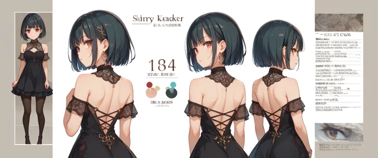 ((She has a perfect, slim figure and golden proportions.、A short bob cut with movement, Dark teal hair color,、Fine shiny red eyes, She is wearing a black dress, lacy black underwear and black pantyhose.、She stands with her hands on her chest):1.5,(high qua...