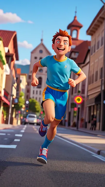 a funny man running on the road, dynamic motion blur, bright vibrant colors, wide angle lens, cinematic lighting, hyperrealistic, award winning photograph, highly detailed, 8k, photorealistic, masterpiece